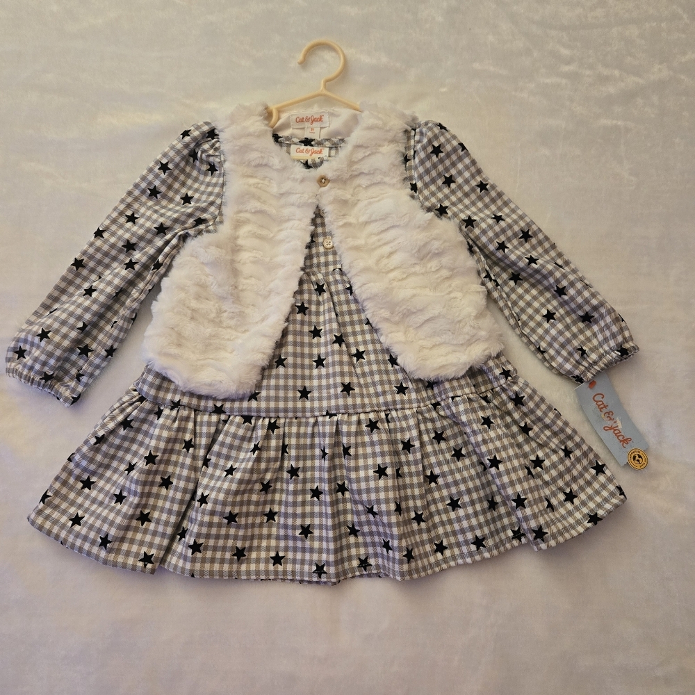 Cat & Jack Toddler Girls Gingham Star Dress and Faux Fur Vest Set 2T NWT